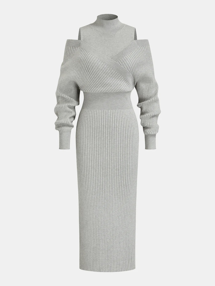 Off-Shoulder Waist-Defined Rib-Knit Midi Dress