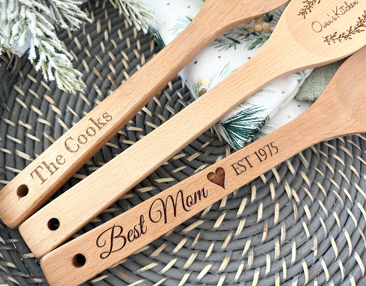 Personalized Wooden Kitchen Utensils, Custom Engraved Cooking Spoon, Spork & Spatula Set