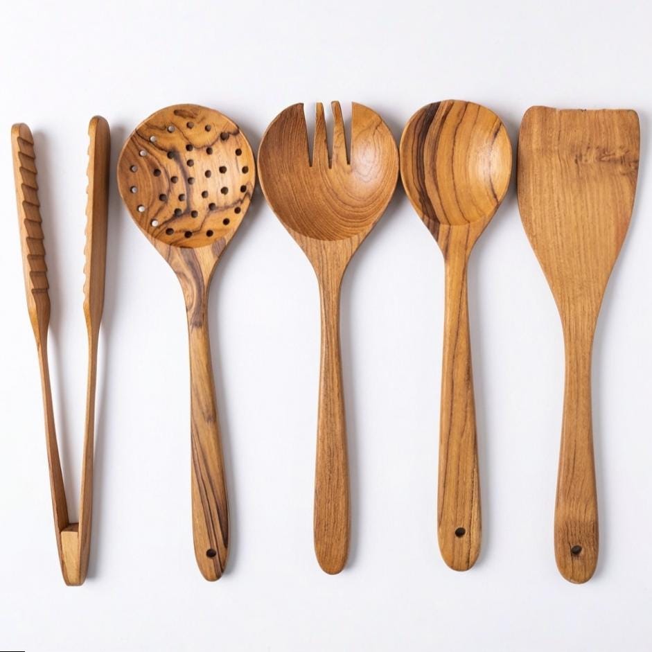 Teak Wood Kitchen Utensil Set, Handmade Wooden Cooking Utensils, Set of 3, 5, or 8